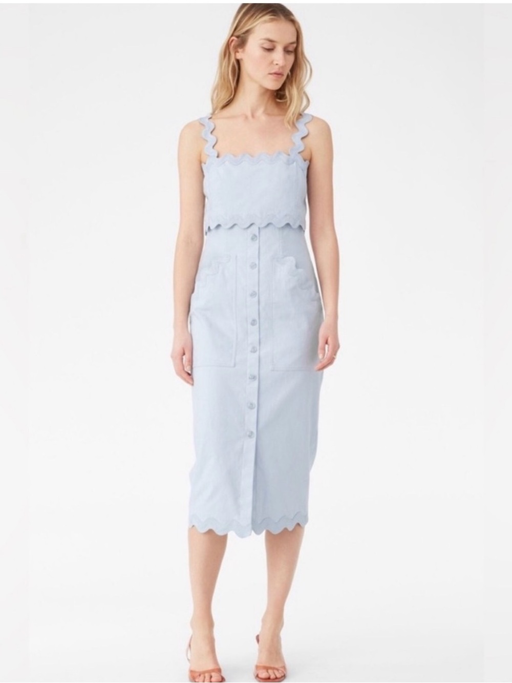Rebecca Taylor Light Blue Scalloped Strap Button-Front Midi Dress